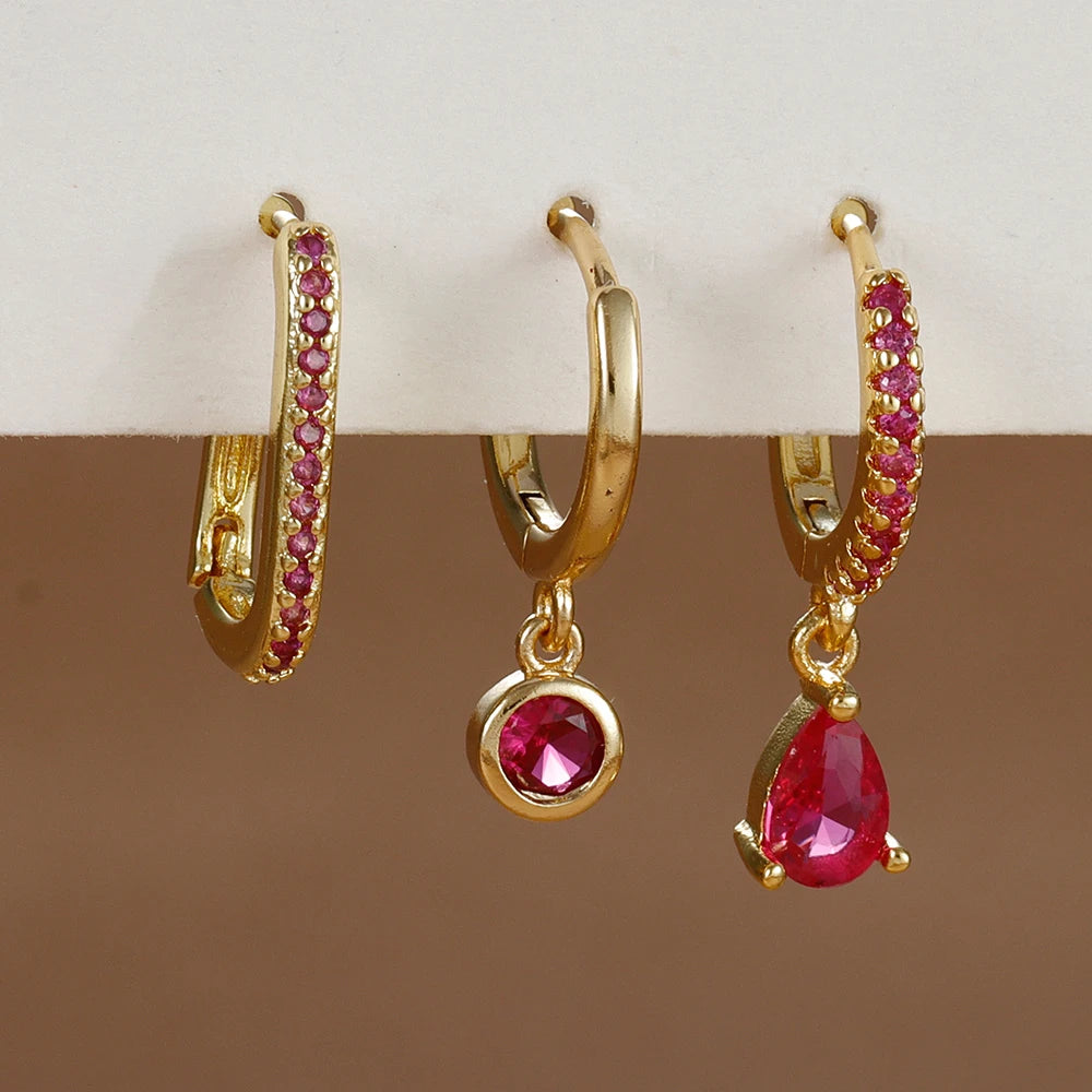 3PCS Fashion Stainless Steel Water Drop Zircon Dangle Earrings Gold Set