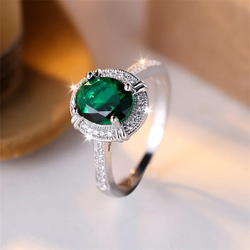 Classic Oval Green Stone Wedding Bands Silver Color Female Egg Shaped Zircon Vintage Promise Engagement Rings For Women Jewelry