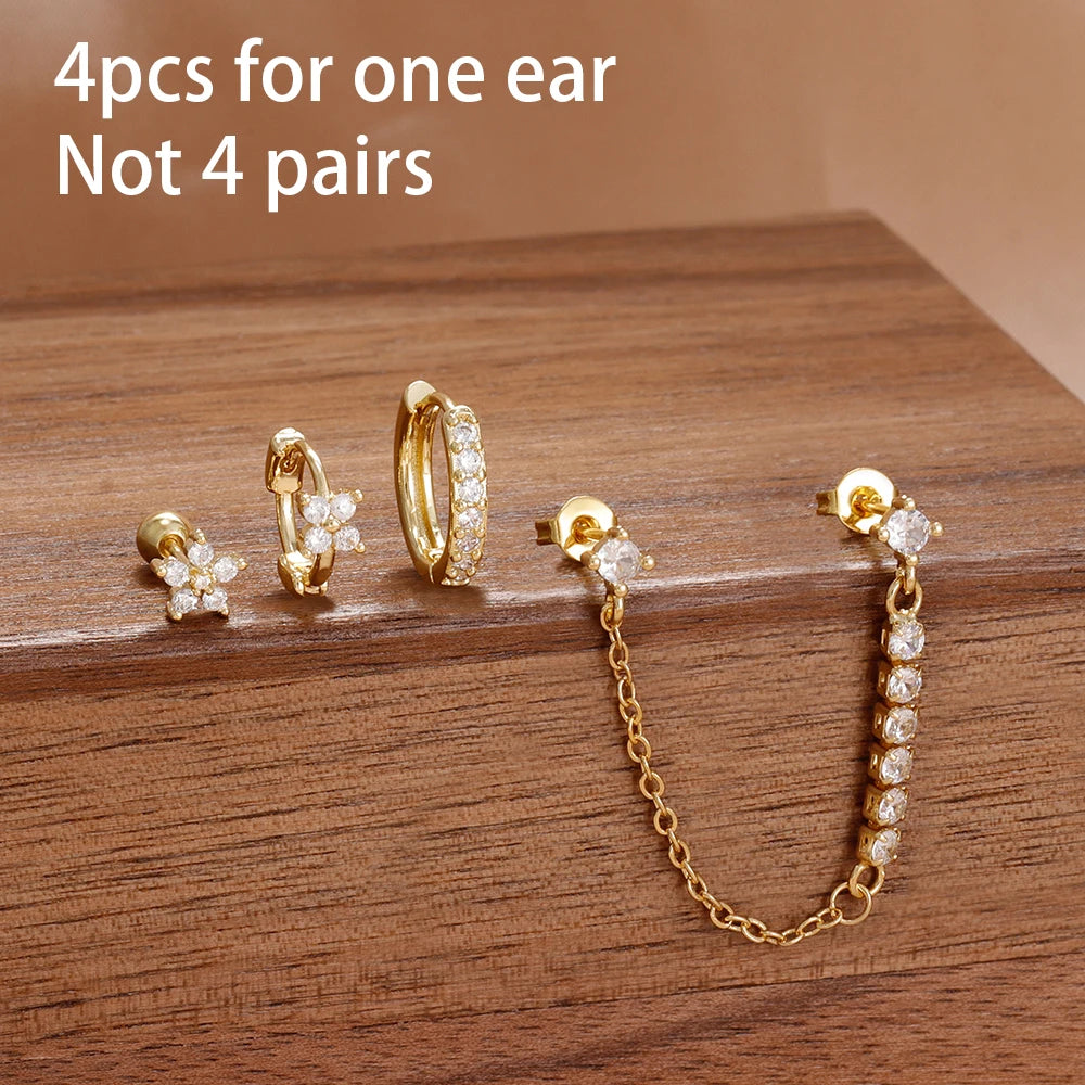 4PCS French Design Tassel Chain Pendant Hoop Earrings Set Zircon Stud