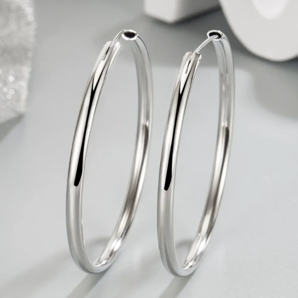 925 Sterling Silver 3mm Thick Hoop Earrings Women 3.5/5/6cm Luxury Jewellery