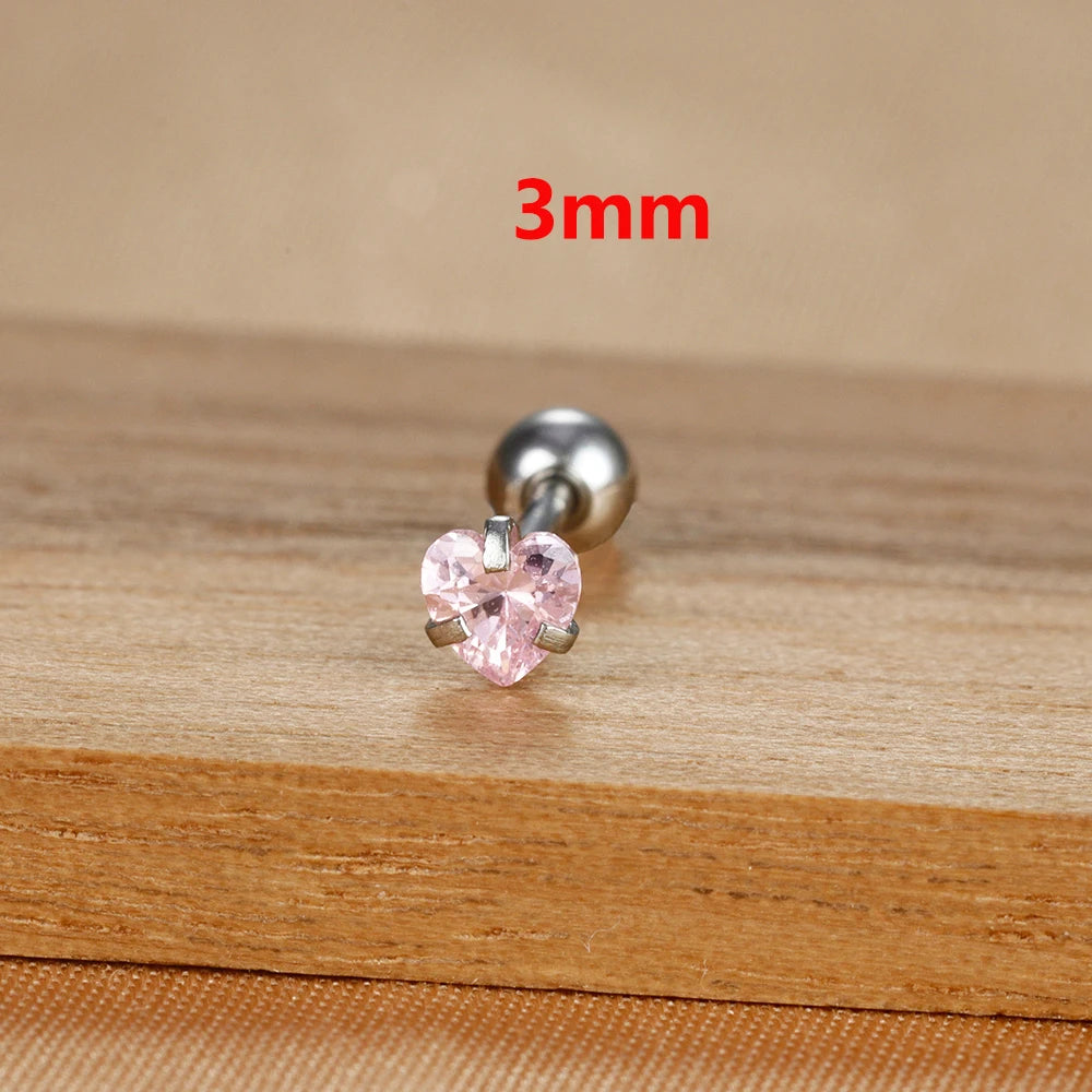1PC Simple Pink Cubic Zirconia Heart Small Stud Earrings Steel