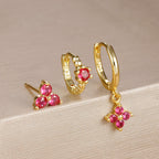 3PCS Gold Plated Chain Zircon Hanging Earrings Stainless Steel Flower