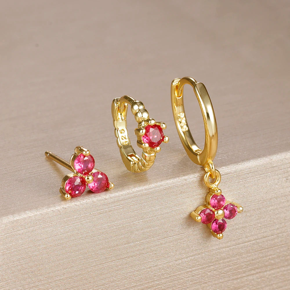 3PCS Gold Plated Chain Zircon Hanging Earrings Stainless Steel Flower