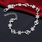 Crystal Heart Flower Chain Bracelet 925 Sterling Silver Romantic Wedding