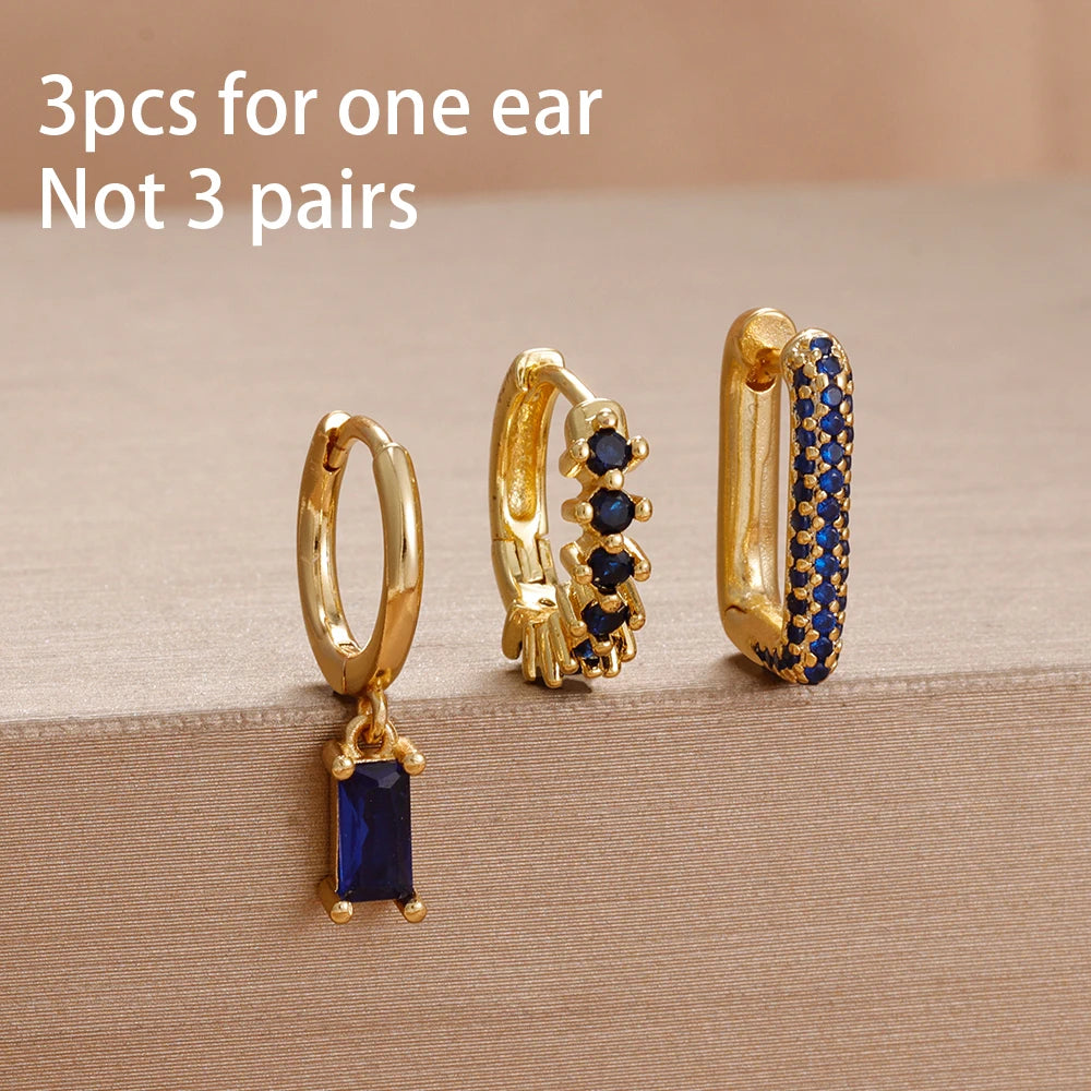 3PCS Cute Flower Stainless Steel Blue Zircons Small Hoop Earrings