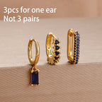 3PCS Cute Flower Stainless Steel Blue Zircons Small Hoop Earrings