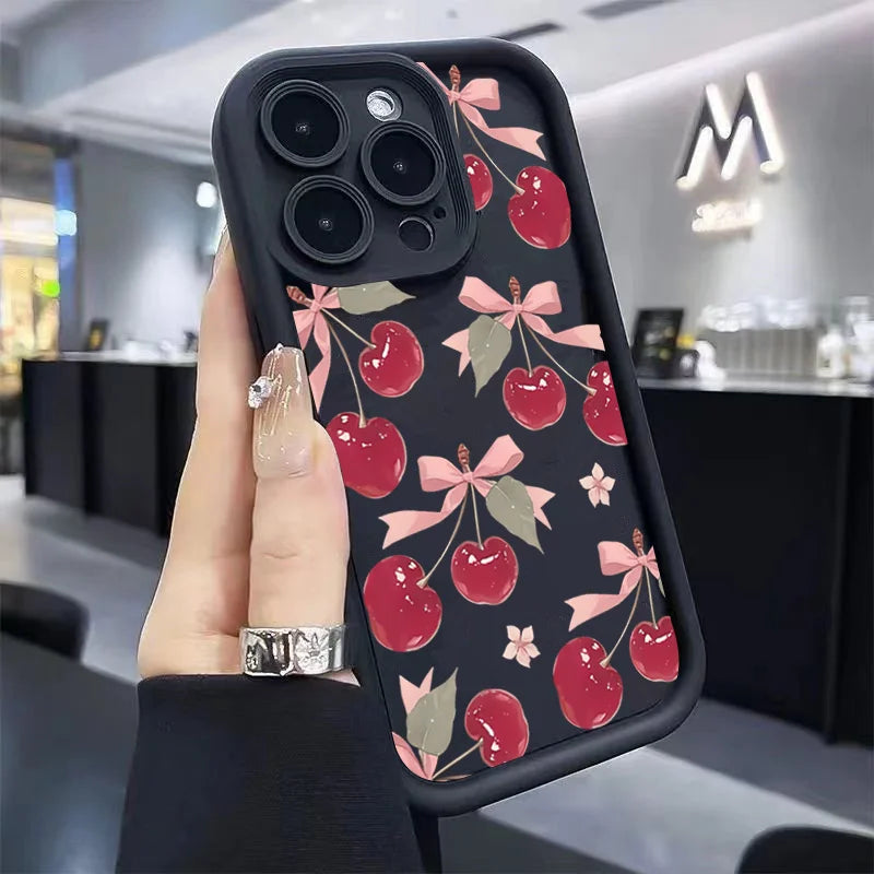 Small Cherry Pattern Case for iPhone 17 16 15 14 13 12 11 Pro Max XR XS Mini