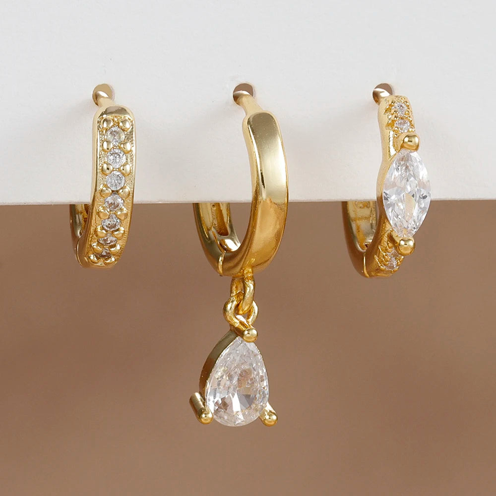 3PCS Cubic Zirconia Water Drop Hanging Earrings Round Dangle Set