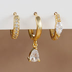 3PCS Cubic Zirconia Water Drop Hanging Earrings Round Dangle Set