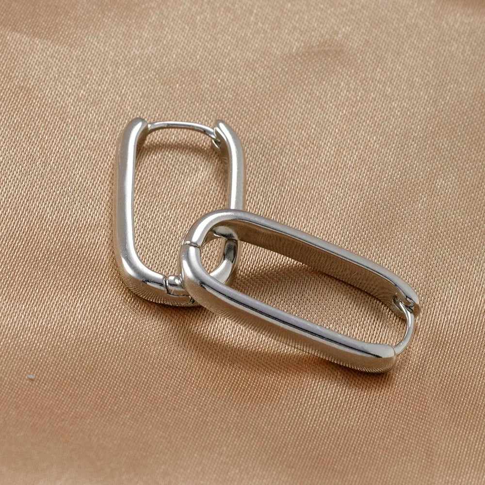 2PCS Gold Colour Square Stainless Steel Hoop Earrings Minimalist Punk