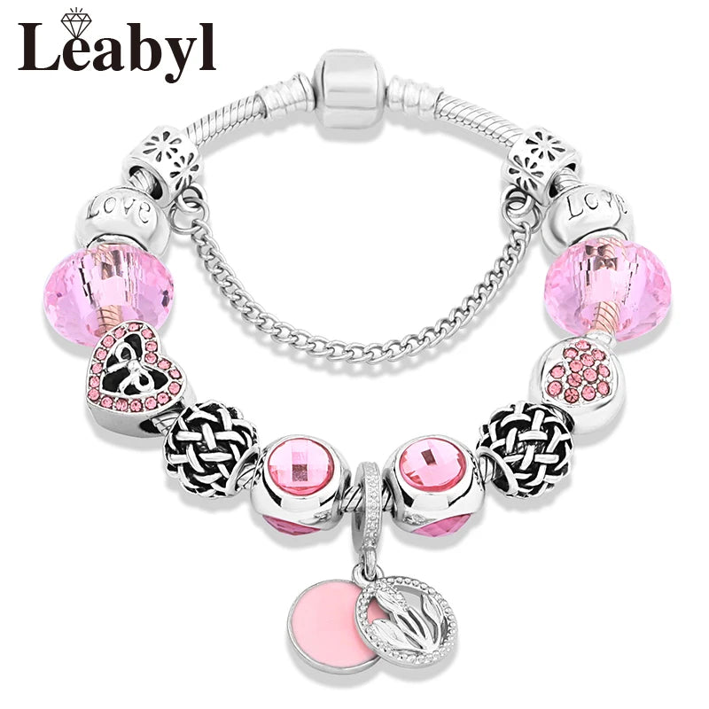 Romantic Pink Heart Charm Bracelet Fine Crystal DIY Bead Bangle Gift