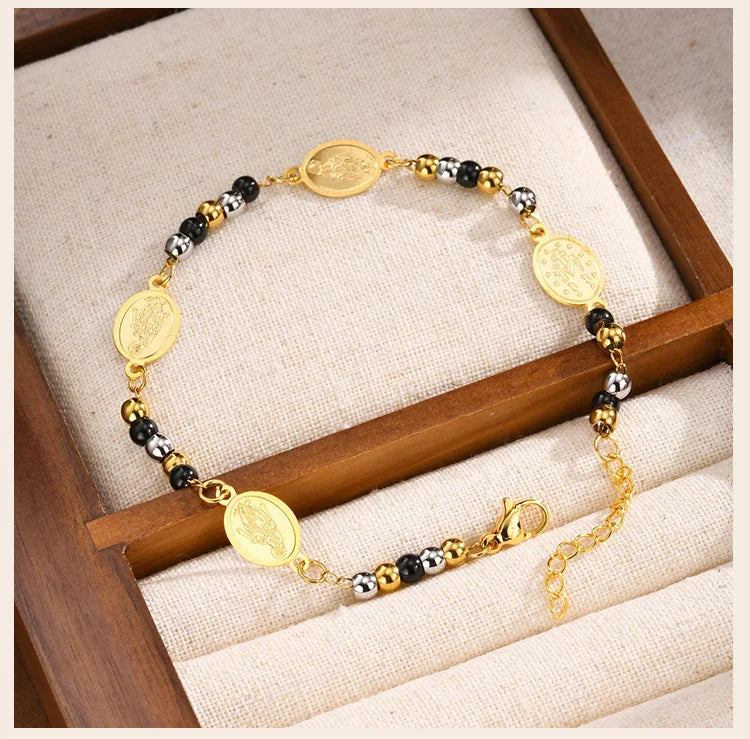 Beads Chain Virgin Mary Bracelet For Women, Stainles Steel Rosary Cross Bracelets, Gold Plated Faith Jewelry Gift