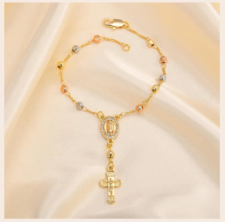 Virgin Mary Rosary Bead Cross Bracelet for Women, Tri-color Adjustable Chain Virgin of Guadalupe Bracelet Baptism Confirmation
