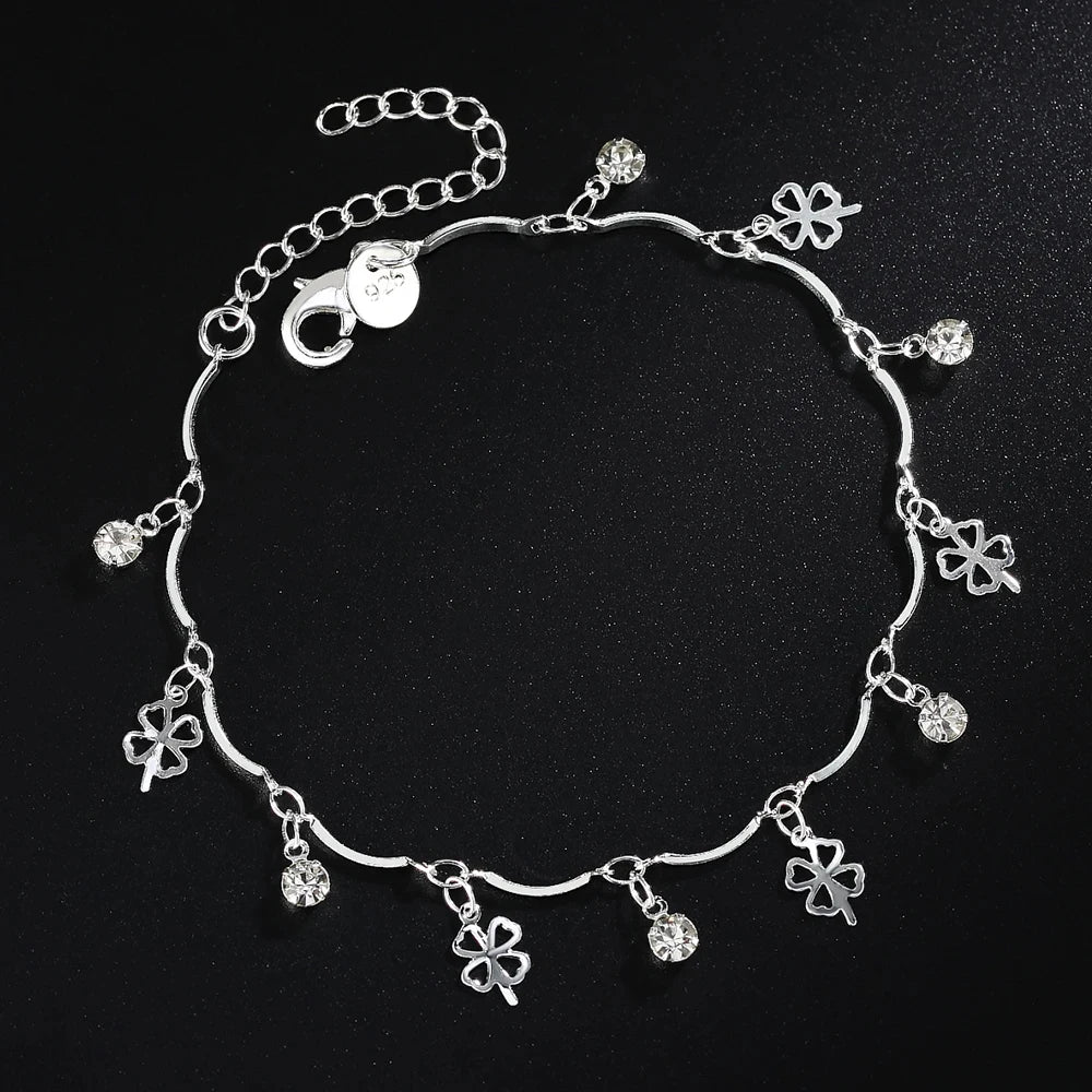 Lucky Clover Leaf Zircon Chain Bracelet 925 Sterling Silver Wedding Party
