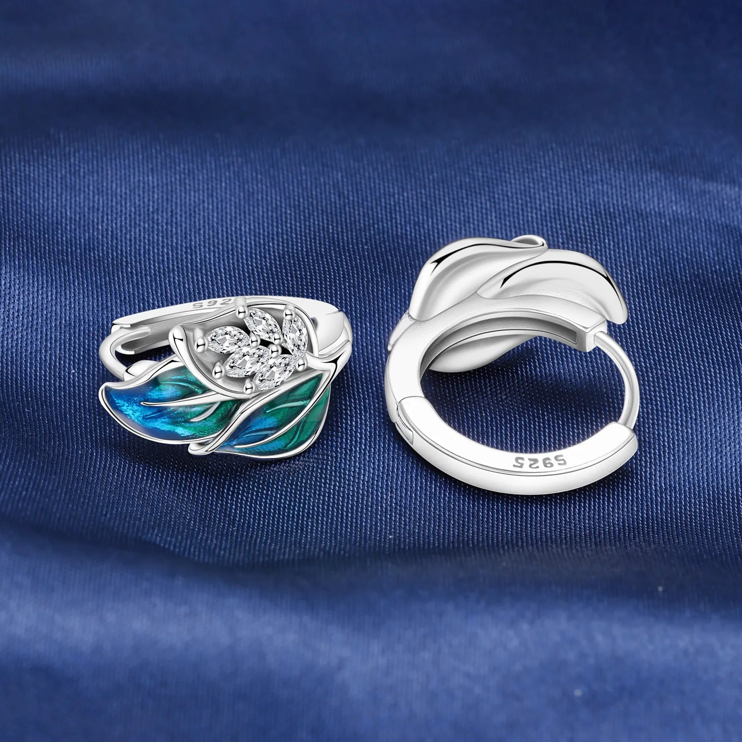 925 Sterling Silver Blue Leaf Plant Ear Studs Hoop Earrings Jewellery Gift
