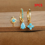 3PCS Stainless Steel Cubic Zirconia Water Drop Hoop Earrings Blue