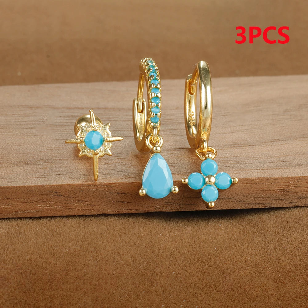 3PCS Stainless Steel Cubic Zirconia Water Drop Hoop Earrings Blue
