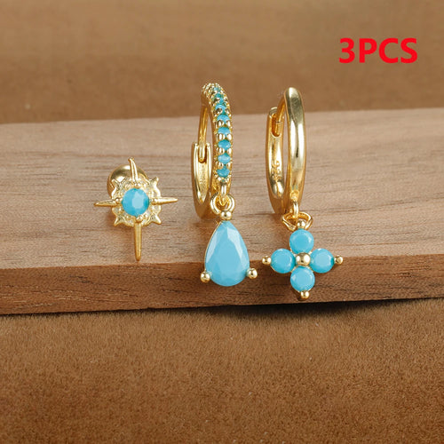 3PCS Stainless Steel Cubic Zirconia Water Drop Hoop Earrings Blue