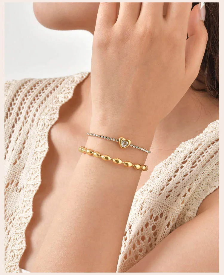 Stainless Steel Heart-shaped Rhinestone Bracelet for Women, Oval Beaded Bracelet Layered Waterproof Hand Wristband