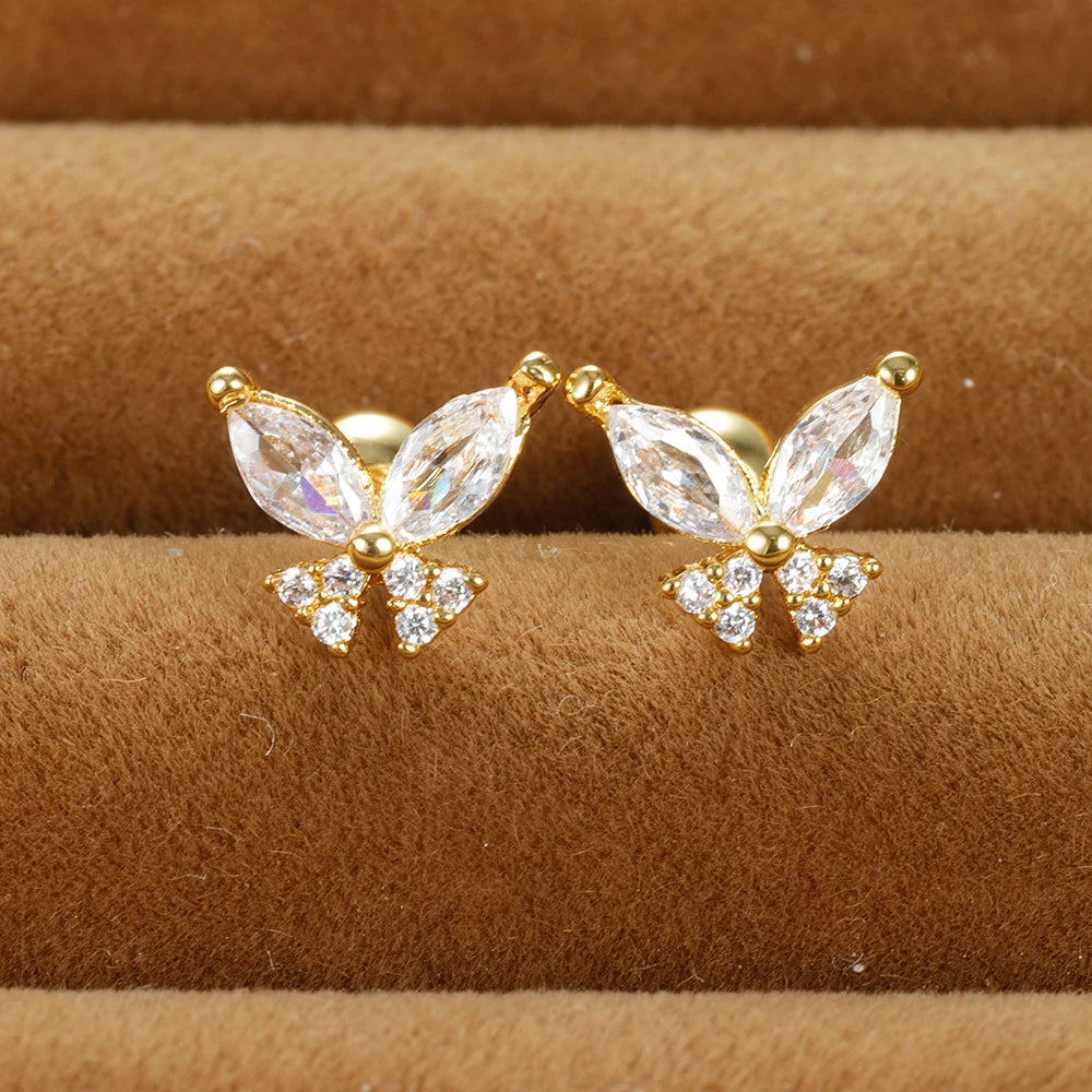 Vintage Gold Plated Stainless Steel Butterfly Studs Snowflake Zircon
