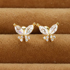 Vintage Gold Plated Stainless Steel Butterfly Studs Snowflake Zircon
