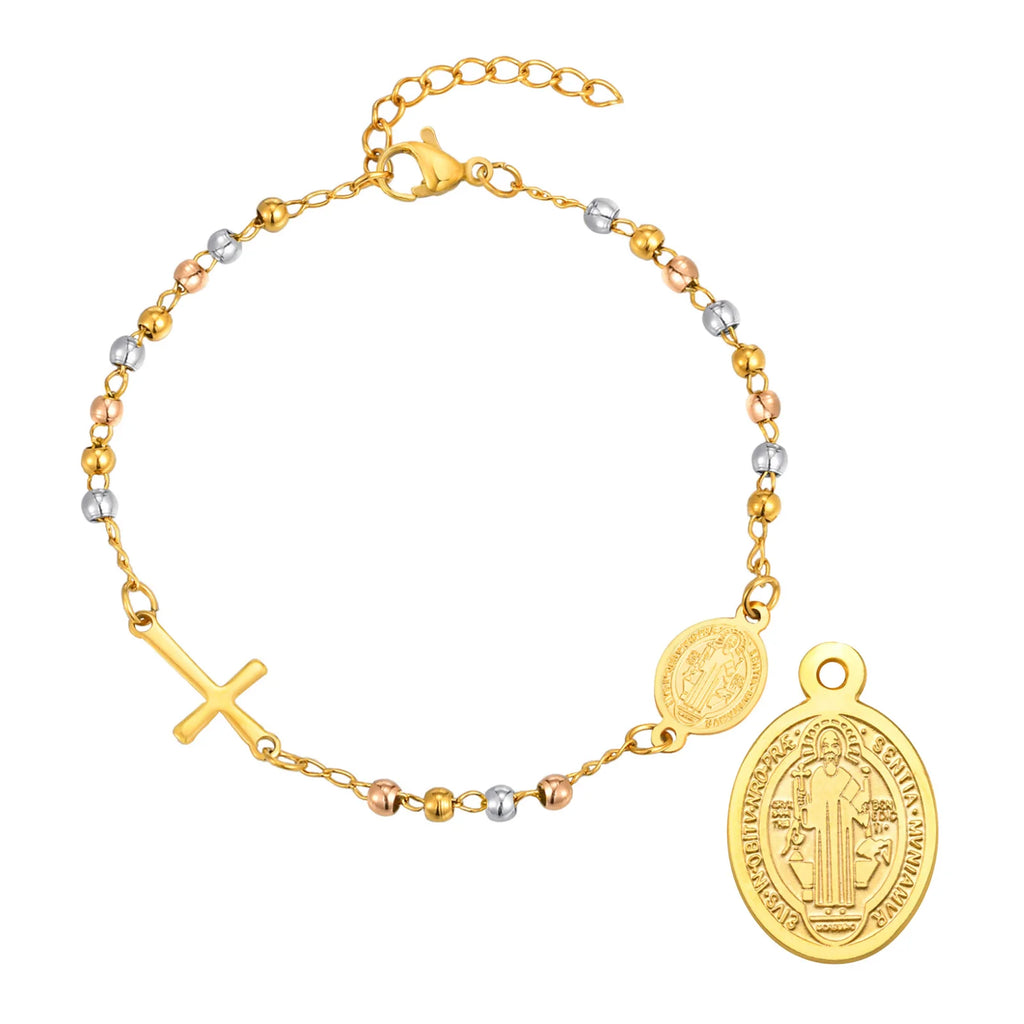 Stainless Steel Virgin Mary St Benedict Cross Bracelet, Bead Chain Bracelet Women Religious Jewelry