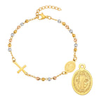 Stainless Steel Virgin Mary St Benedict Cross Bracelet, Bead Chain Bracelet Women Religious Jewelry
