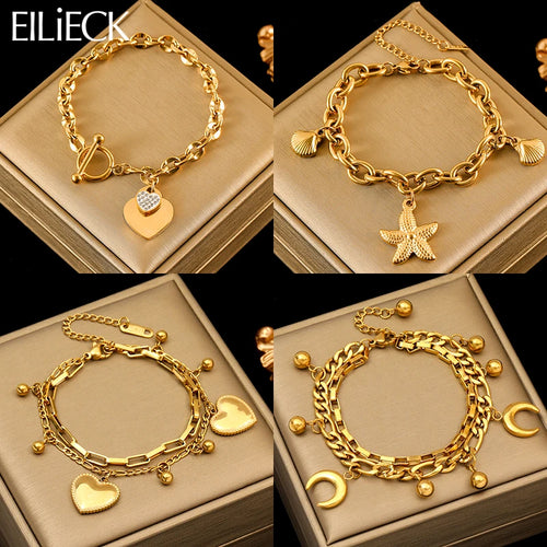 Gold Colour Starfish Moon Star Stainless Steel Charm Bracelet Trendy