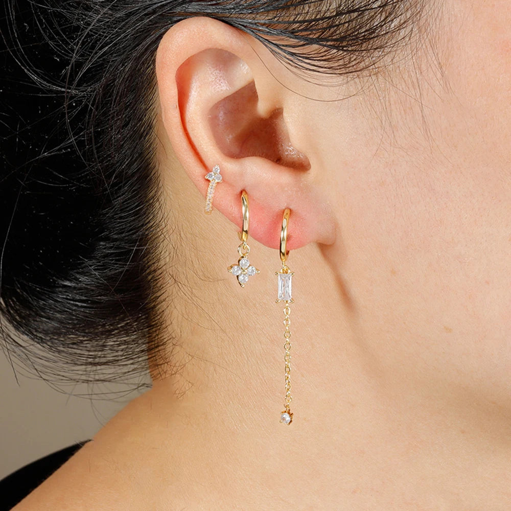 3PCS New Trend Stainless Steel Square Long Piercing Earring Set
