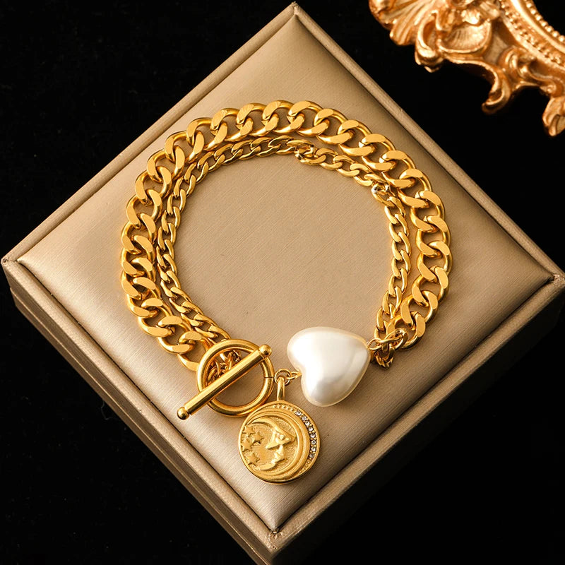 Stainless Steel Coins Heart Charm Bracelet Gold Silver Colour Wrist Chain