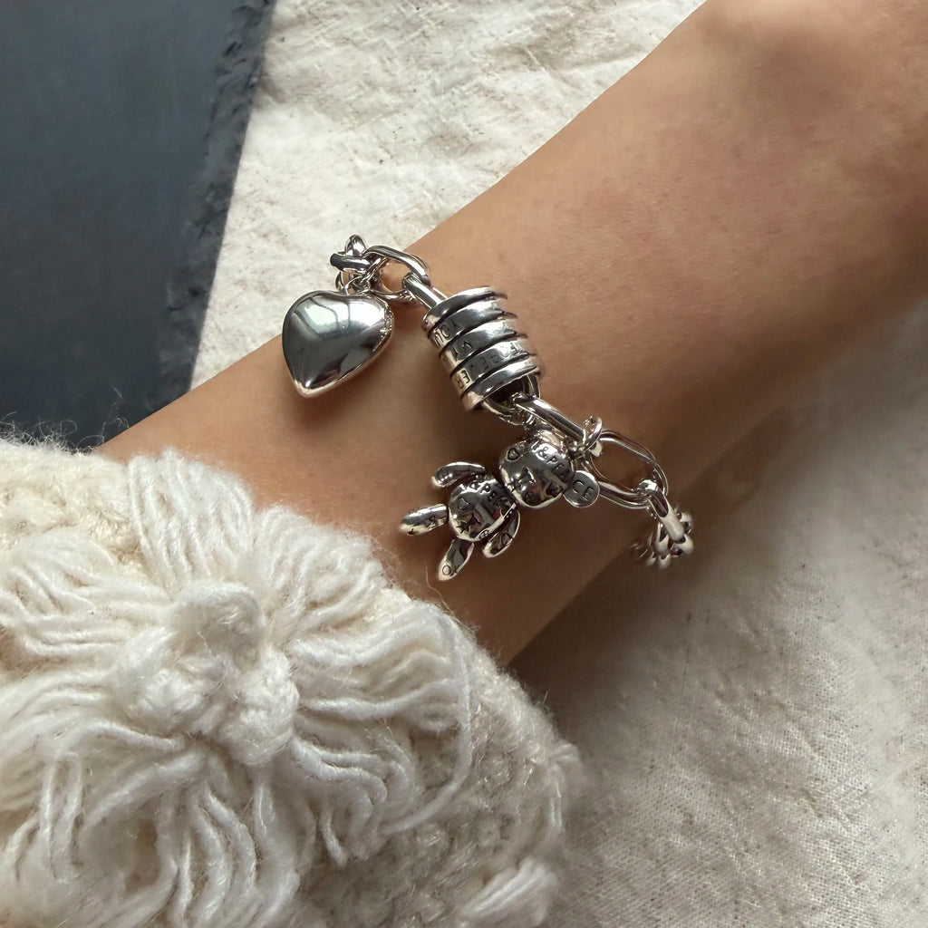 100% Solid 925 Sterling Silver Metal Bracelet for Women Men Vintage Heart Letters Handmade Simple Birthday Gift