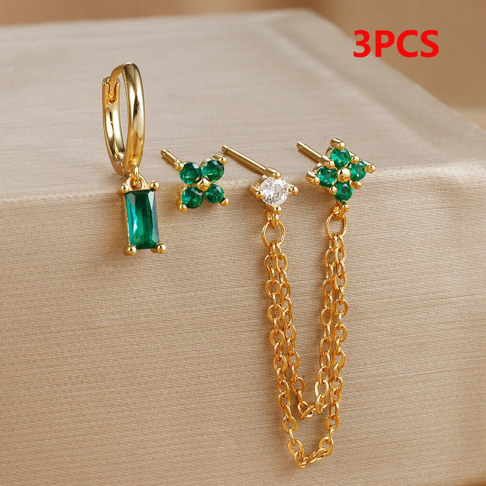 3PCS Fashion Double Ear Hole Chain Crystal Ear Stud Earring Set