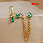 3PCS Fashion Double Ear Hole Chain Crystal Ear Stud Earring Set