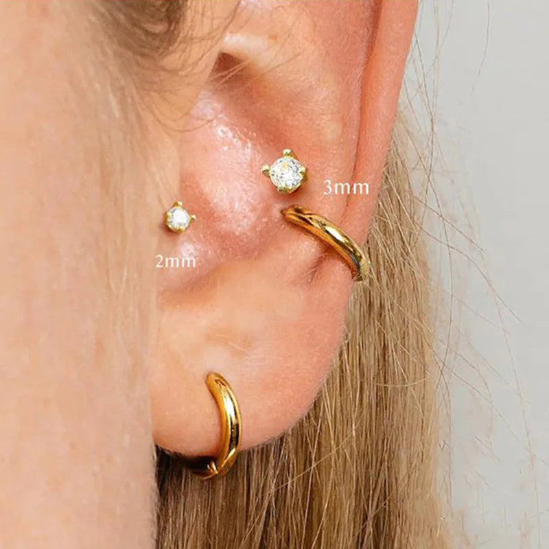 2PCS Trendy Stainless Steel 2/3/4/5mm Zircon Sparkling Stud Earrings