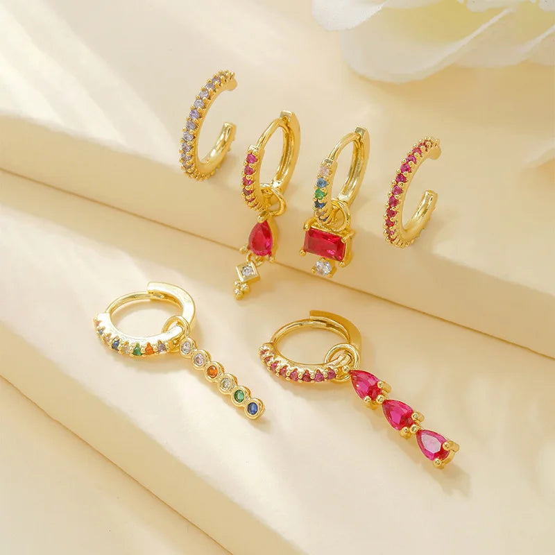 Luxury Rose Red Zircon Stainless Steel Water Drop Hoop Earring