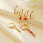 Luxury Rose Red Zircon Stainless Steel Water Drop Hoop Earring