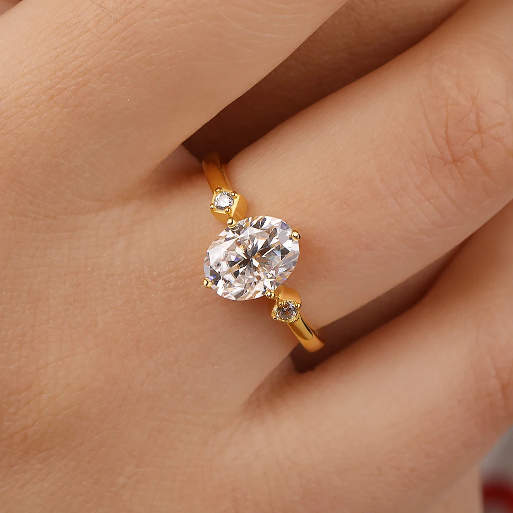 2CT Moissanite Oval Ring Lab Diamond S925 Sterling Silver 18k Gold Plated