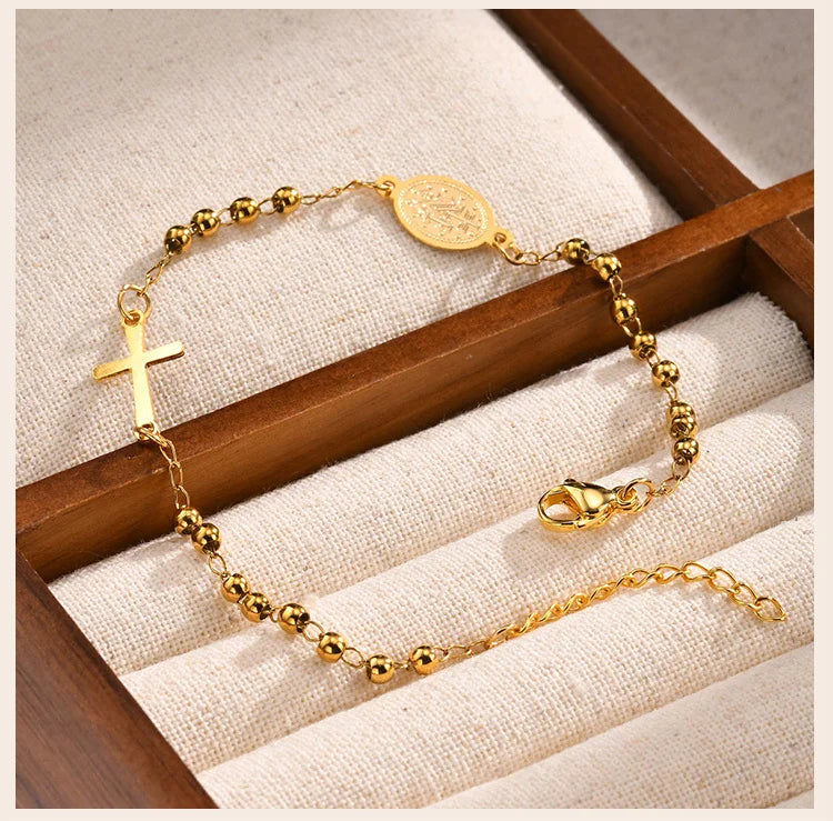 Beads Chain Virgin Mary Bracelet For Women, Stainles Steel Rosary Cross Bracelets, Gold Plated Faith Jewelry Gift