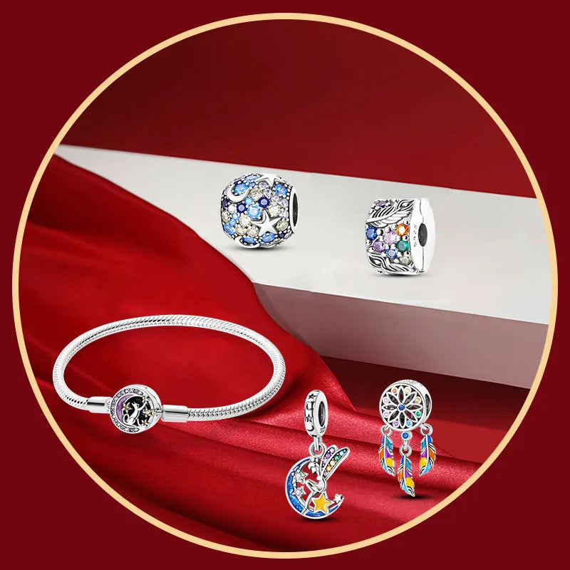 Set Jewelry/Star Moon Devil Eyes Positioning Buckle Sparkling Cross 925 Sterling Silver Original Fits Birthday Party Jewelry Gif