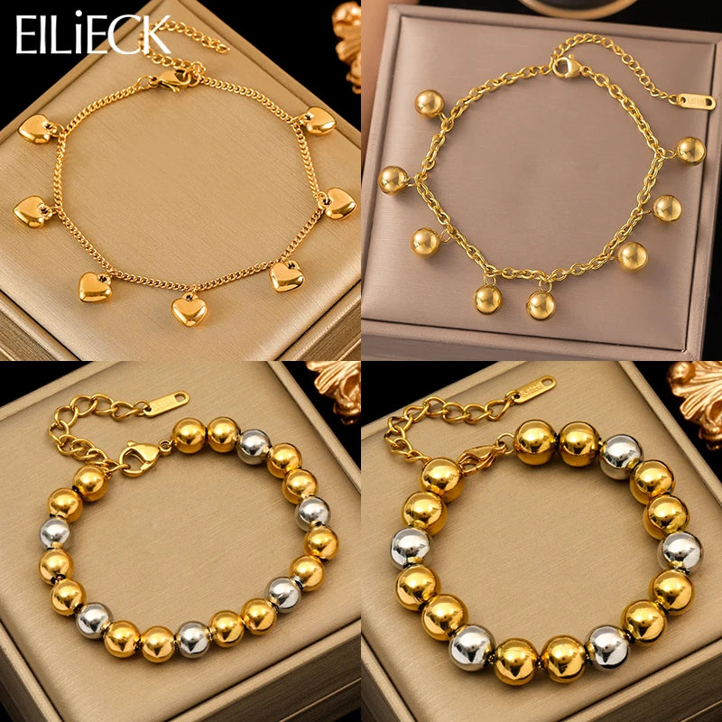 Metal Beads Heart Stainless Steel Bracelet Bangle Gold Colour Gift