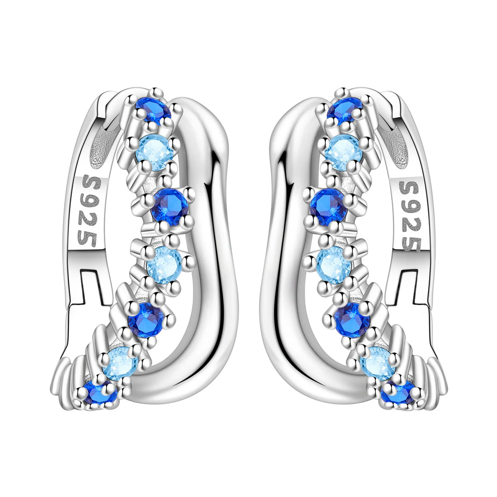 925 Sterling Silver Blue Horseshoe Lotus Ear Studs Hoop Earrings Trendy Gift