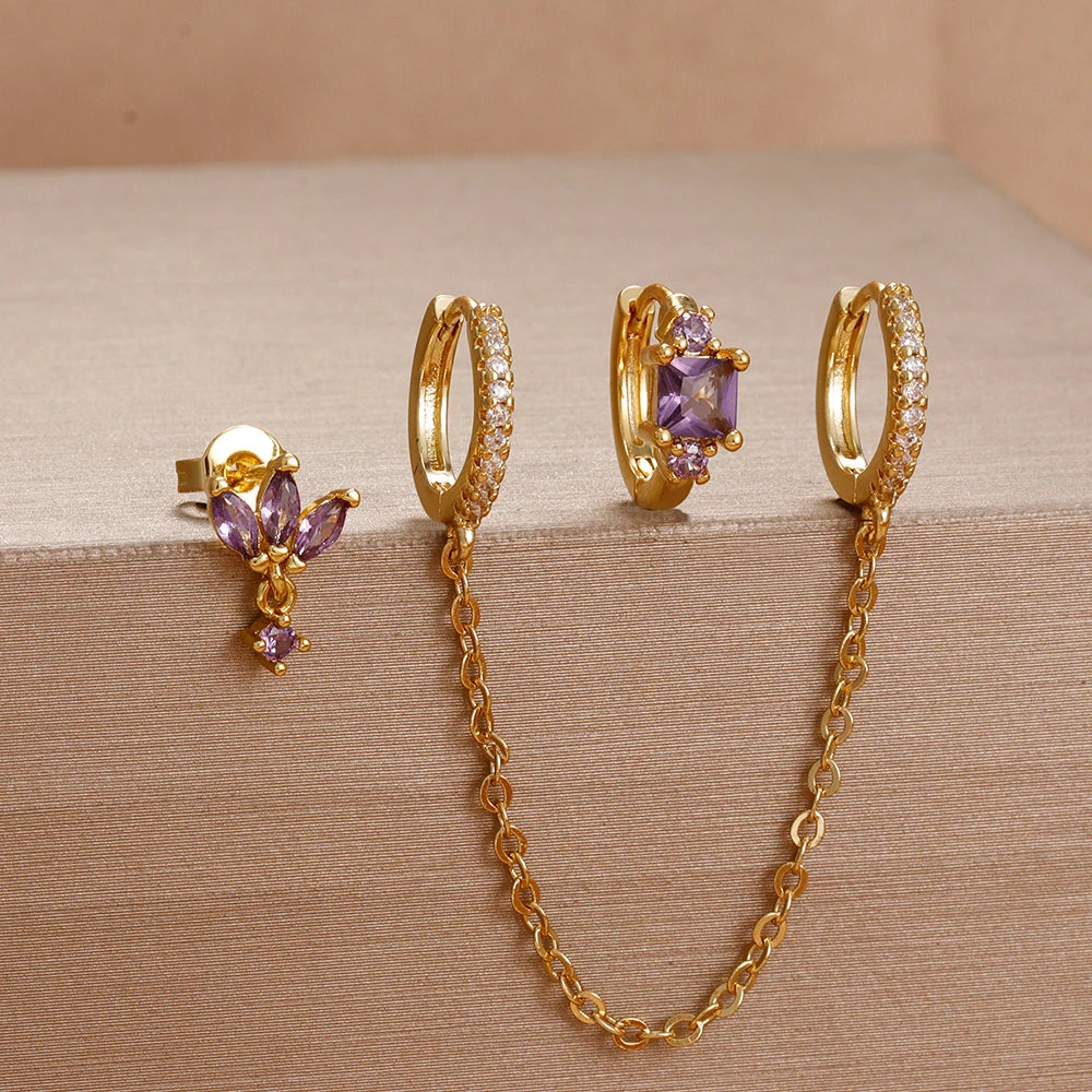 3pcs Purple Cubic Zirconia Piercing Earring Set Stainless Steel