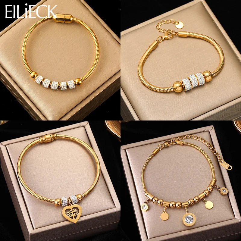 Heart Roman Numeral Zircon Bead Stainless Steel Snake Bone Bracelet