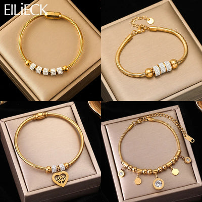 Heart Roman Numeral Zircon Bead Stainless Steel Snake Bone Bracelet