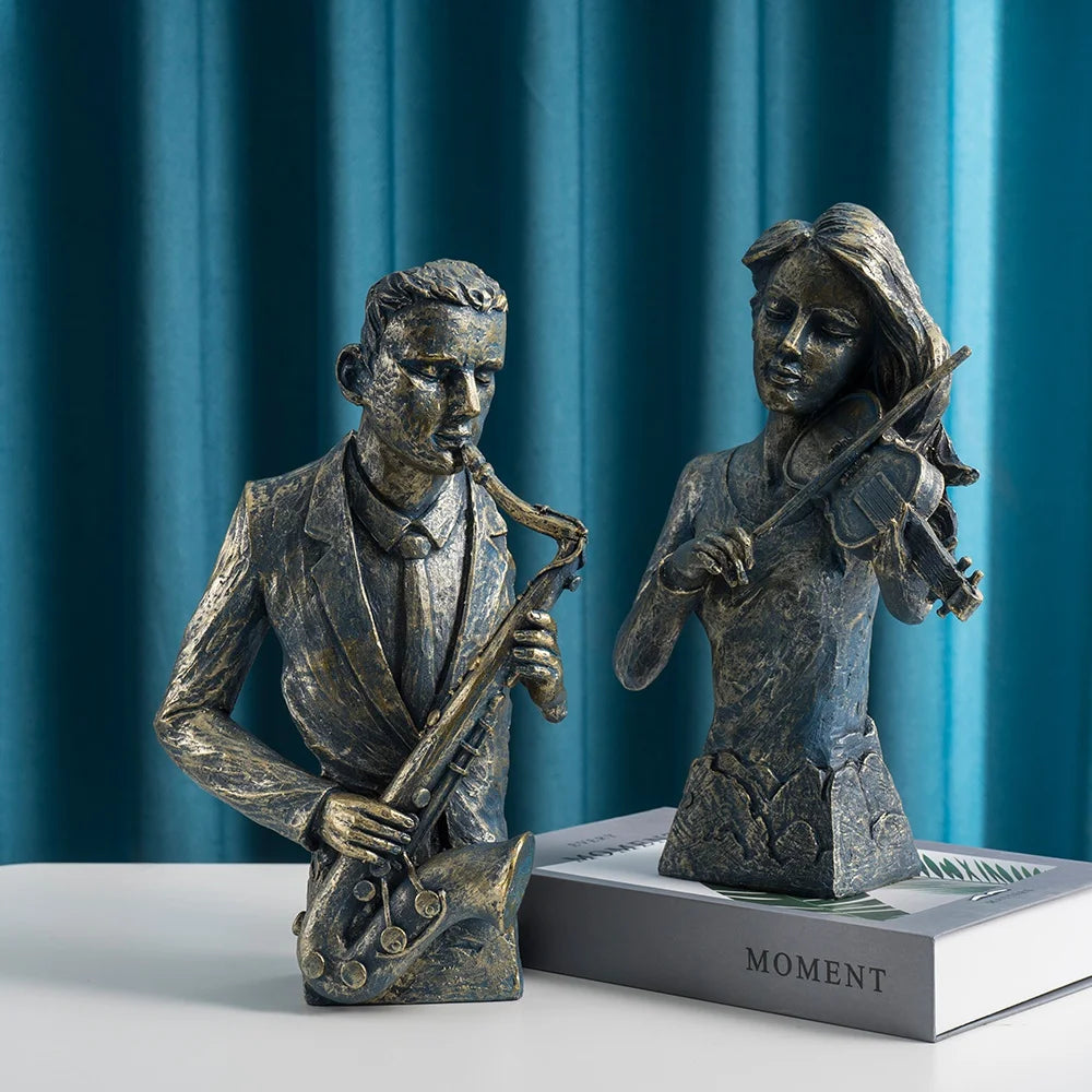 Retro Sculpture Sax Violin Cello Statue Figurines Vintage Home Living Room Bookshelf