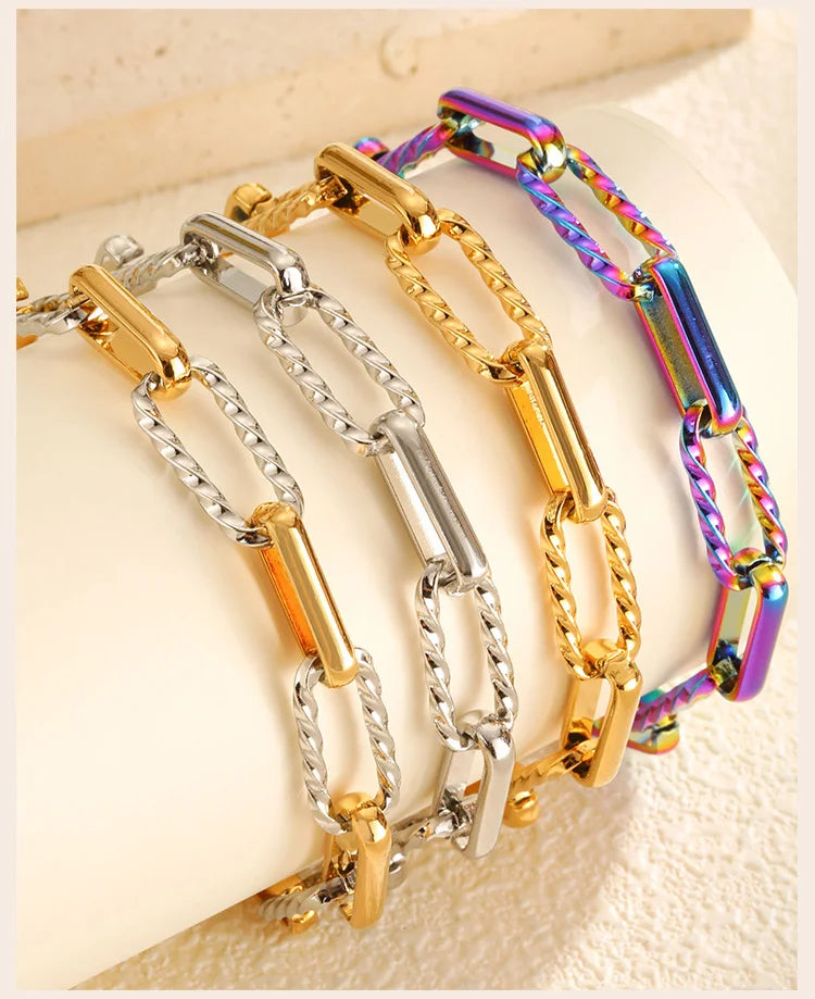 Two Tone Twist Link Paperclip Bracelet for Women, Chunky Stainless Steel Bracelet Adjustable Link, 18k Gold Plated Jewelry