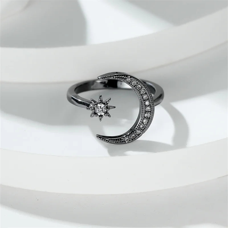Boho Minimalist Blue Stone Female Stacking Star Moon Rings For Women Gold Color White Crystal Opening Ring Wedding Bands Gifts