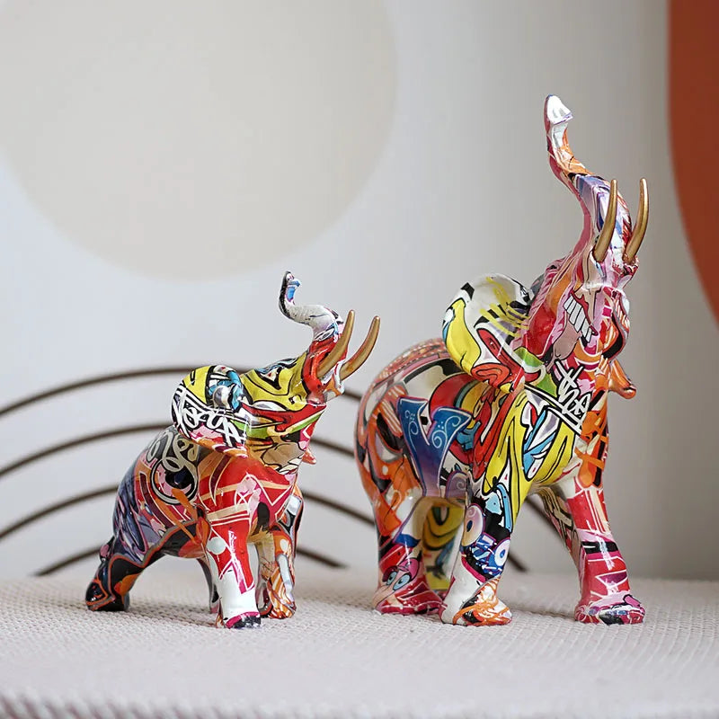 Graffiti Elephant Sculpture Resin Animal Statue Modern Pop Street Art Figurines