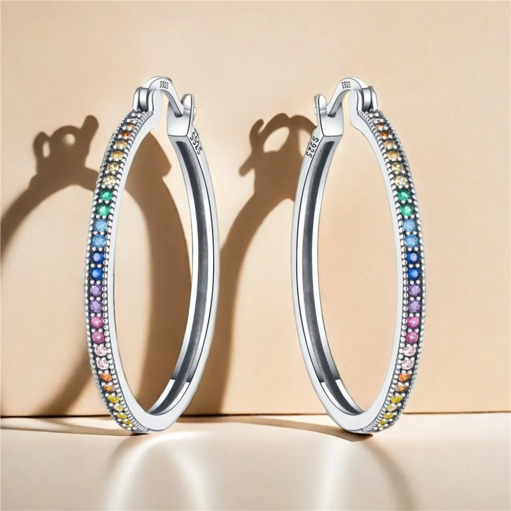 925 Sterling Silver Rainbow Gradient Versatile Hoop Earrings Fine Birthday Gift