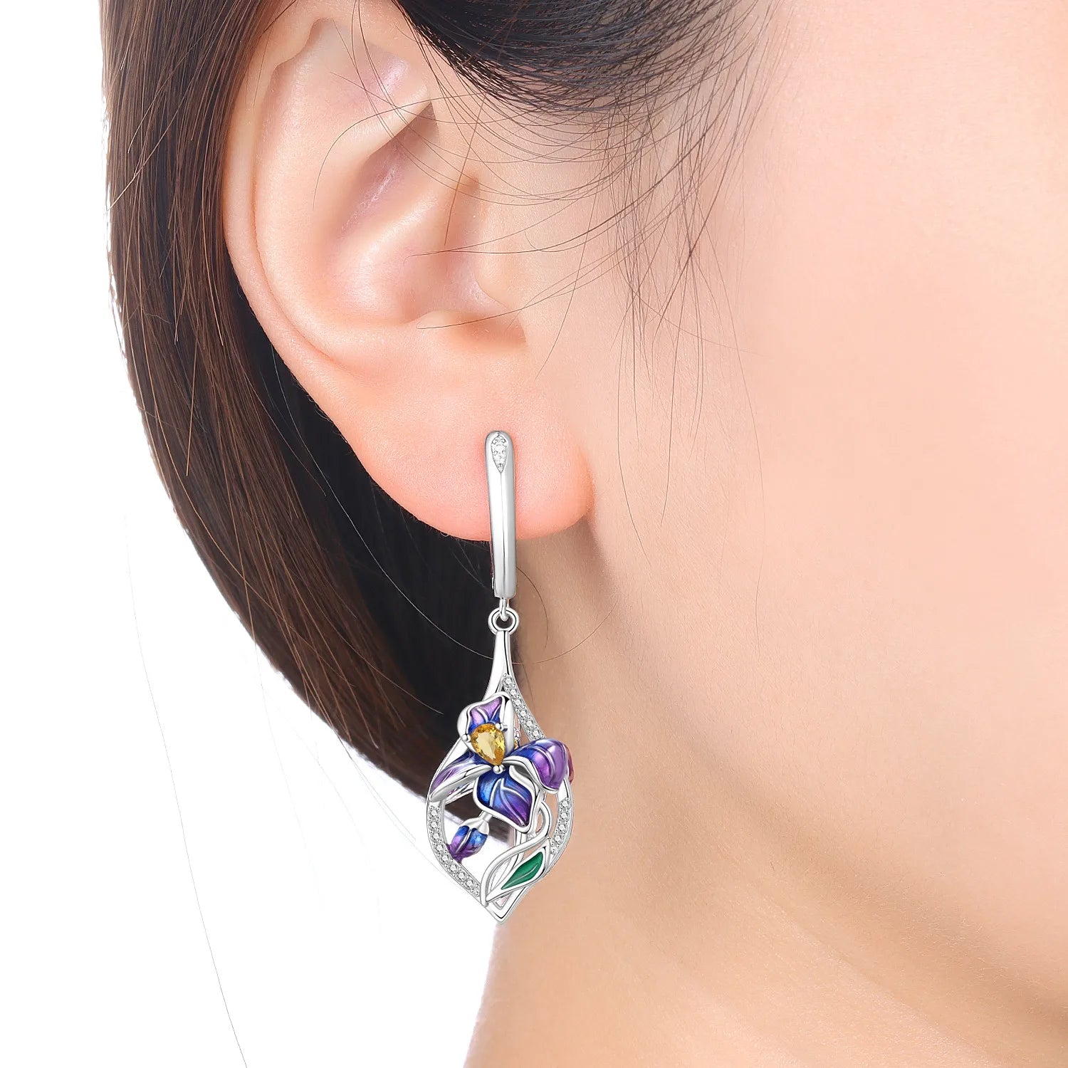 925 Sterling Silver Blue Purple Iris Flower Drop Earrings Trendy Jewellery